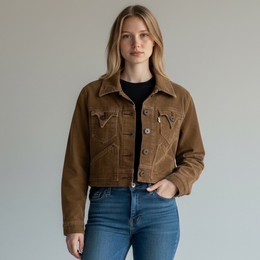 Levi's Women Brown Corduroy Cropped Trucker Jacket Small Camel Tan Boho Vintage